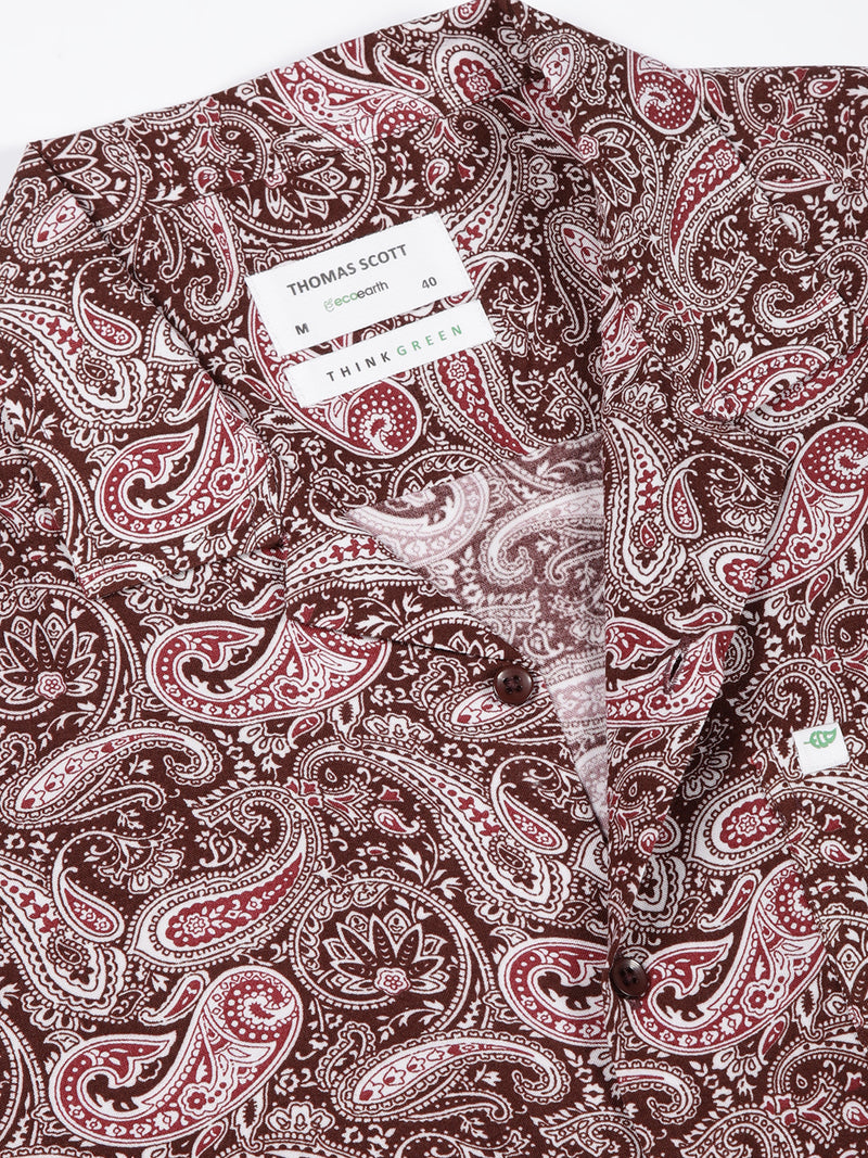 Thomas Scott Men Maroon Regular Fit Short Sleeves Cuban Collar Abstract Printed Casual Shirt