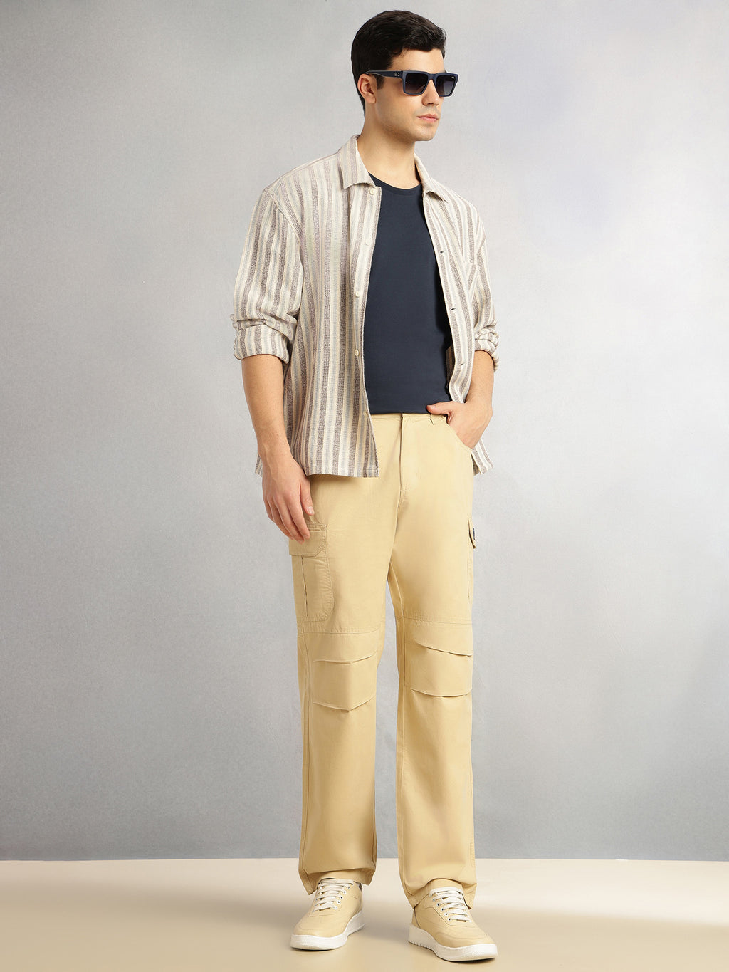 Thomas Scott Men Beige Cricket Club Collection Mid-Rise 100% Cotton Loose Fit Solid Woven Cargo Trouser