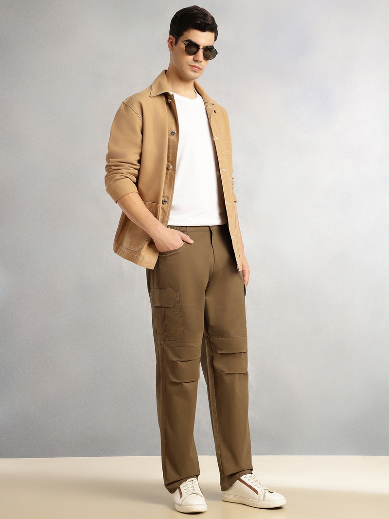 Thomas Scott Men Khaki Cricket Club Collection Mid-Rise 100% Cotton Loose Fit Solid Woven Cargo Trouser
