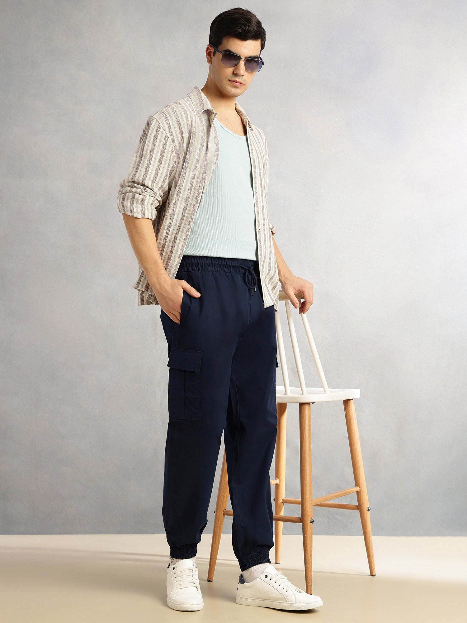 Thomas Scott Men Navy Cricket Club Collection Cargo Fit Mid Rise Solid 100% Cotton Woven Joggers