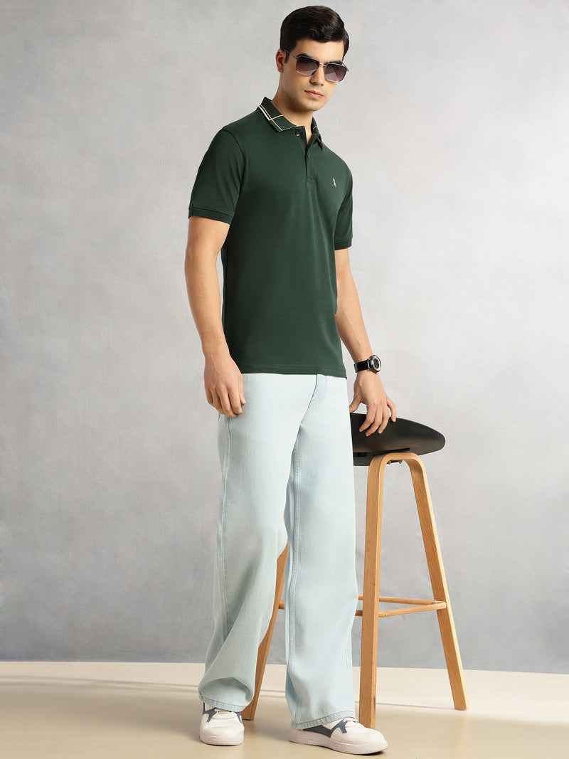 Thomas Scott Men Green Cricket Club Collection Regular Fit Short Sleeve 100% Cotton Knitted Polo Collar T-Shirt