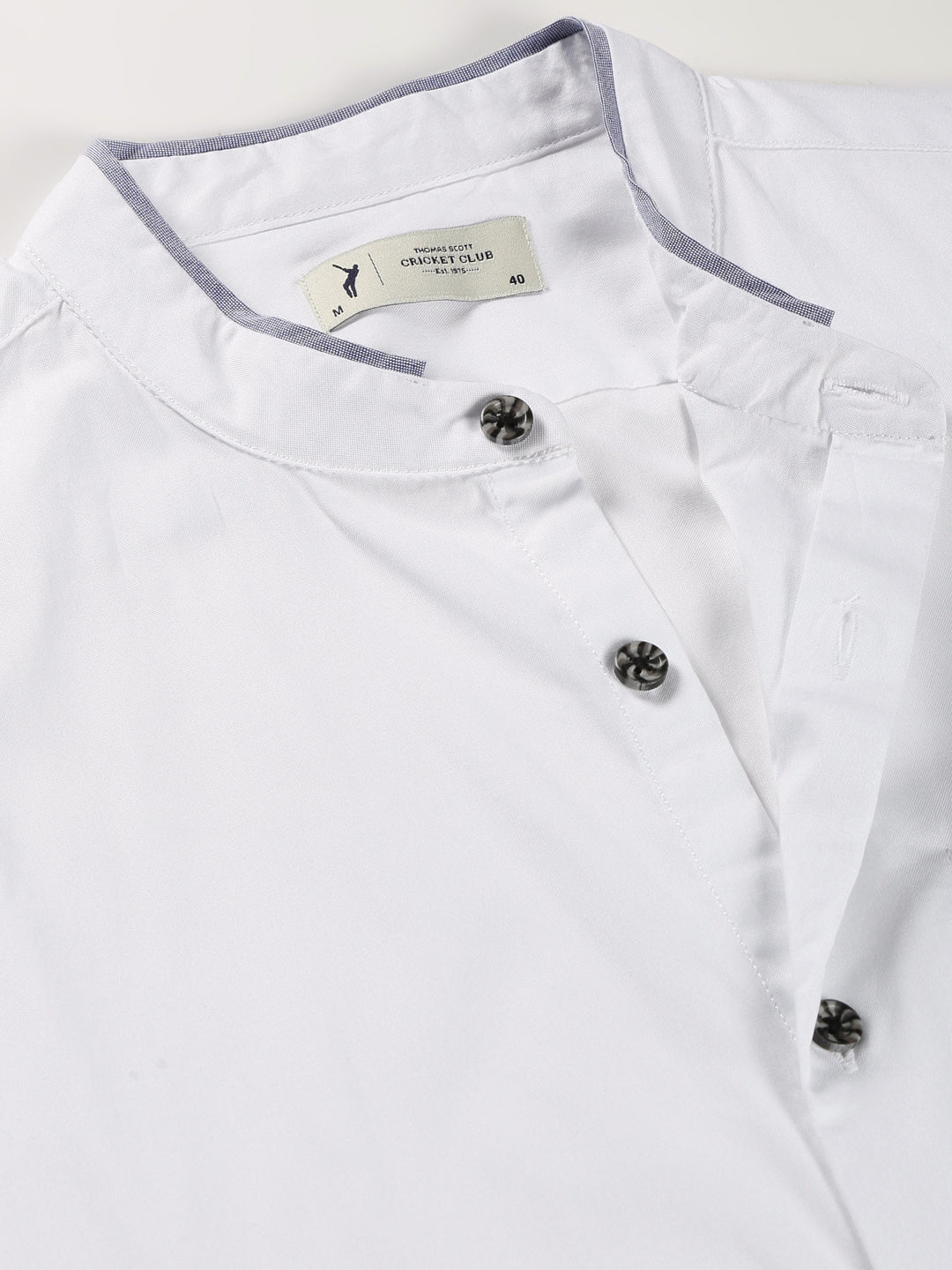 Thomas Scott Men White Cricket Club Collection Slim Fit Long Sleeves Band Collar Cotton Casual Shirt