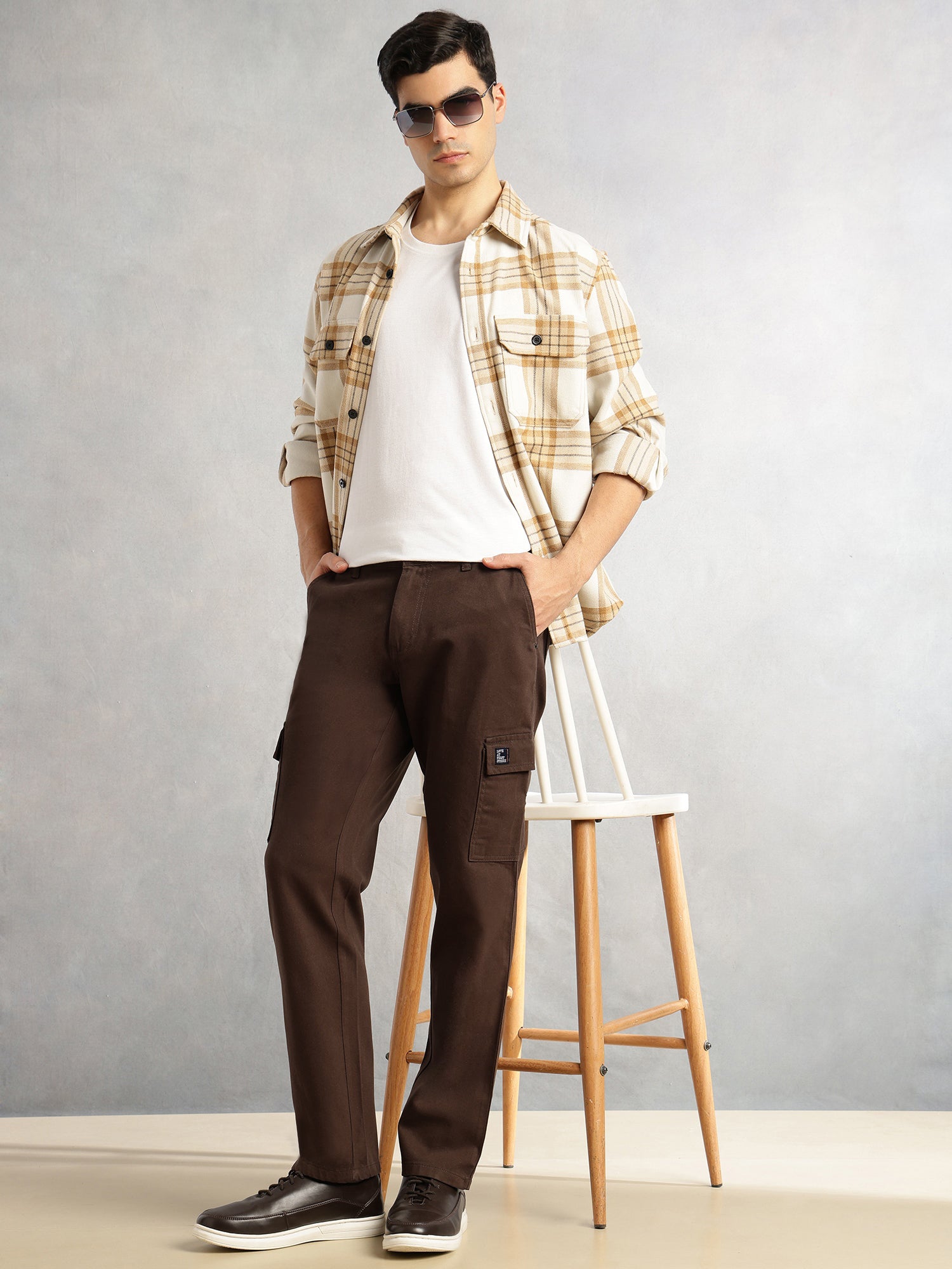 Thomas Scott Men Brown Cricket Club Collection Straight Fit Mid-Rise 100% Cotton Woven Cargo Trouser