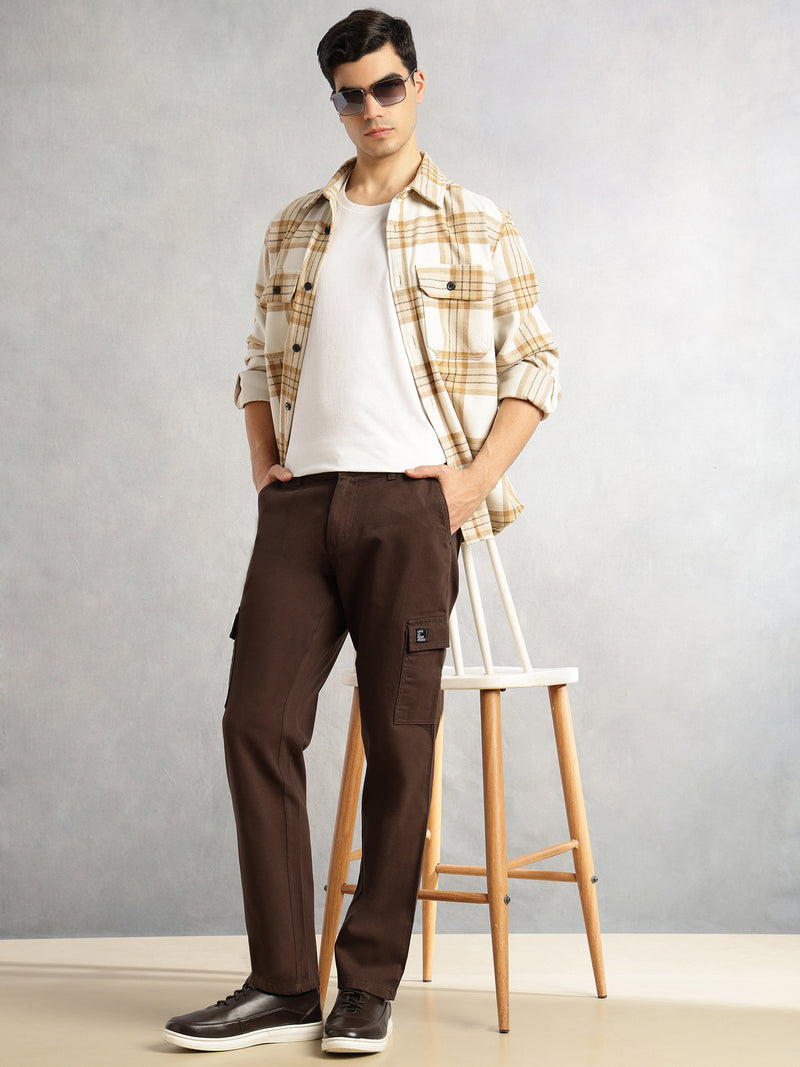 Thomas Scott Men Brown Cricket Club Collection Straight Fit Mid-Rise 100% Cotton Woven Cargo Trouser