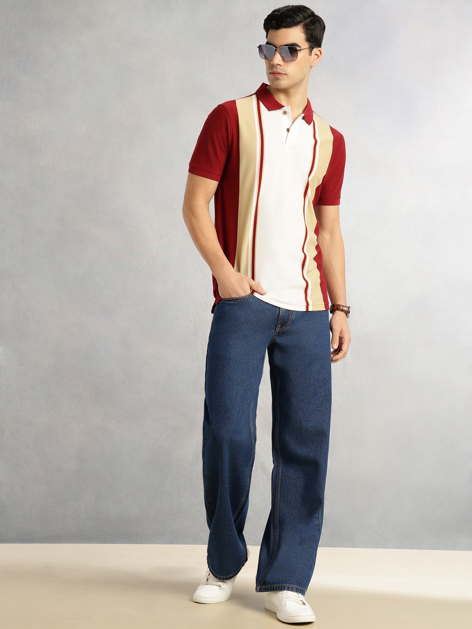Thomas Scott Men Brick Red Regular Fit Short Sleeves Striped Cotton Polyester Knitted Polo Collar Tshirt