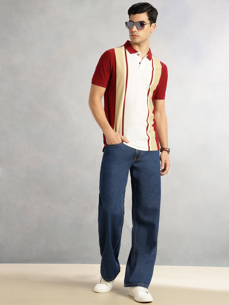 Thomas Scott Men Brick Red Regular Fit Short Sleeves Striped Cotton Polyester Knitted Polo Collar Tshirt