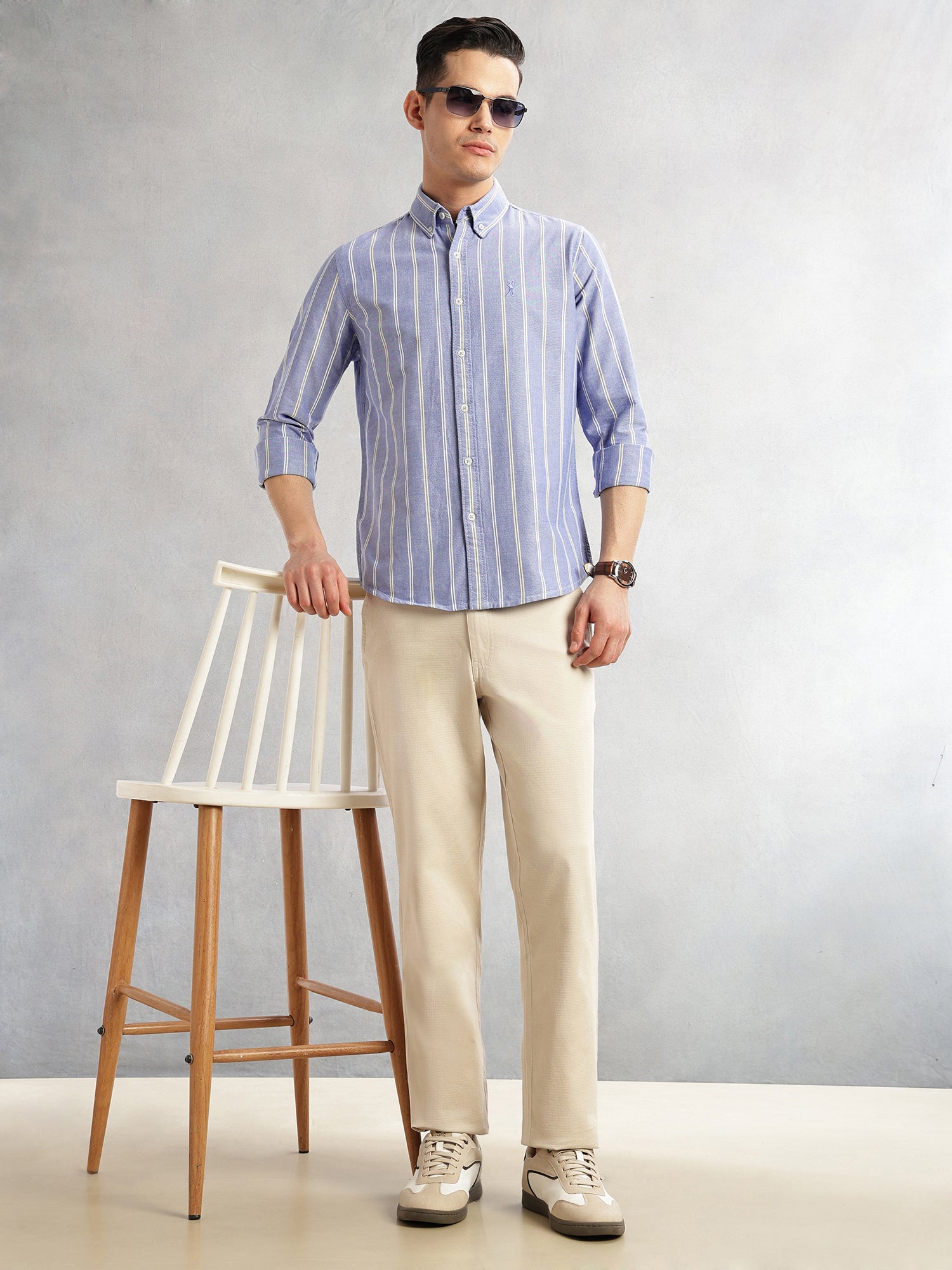 Thomas Scott Men Blue Cricket Club Collection Slim Fit Long Sleeves Button Down Collar Vertical Stripes Oxford Casual Shirt