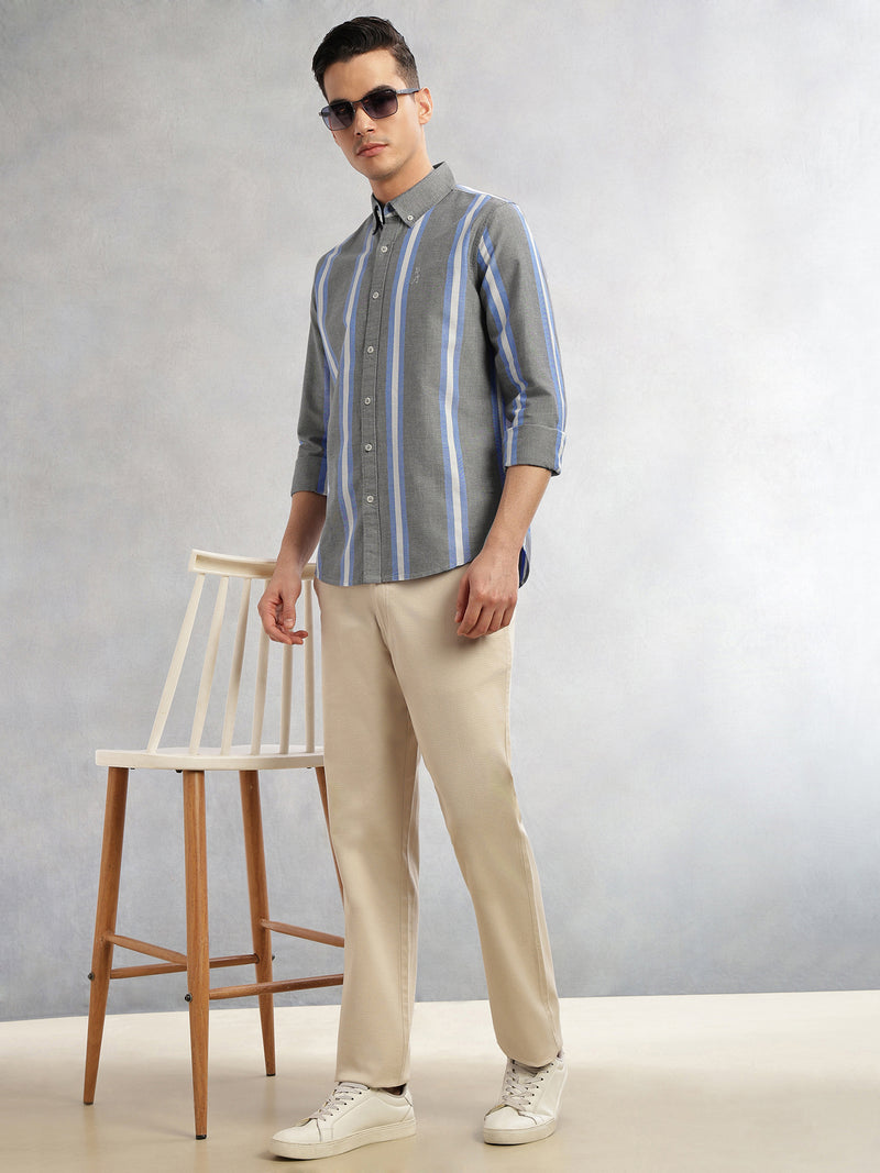 Thomas Scott Men Black Cricket Club Collection Slim Fit Long Sleeves Vertical Stripes Button Down Collar Oxford Casual | Shirt