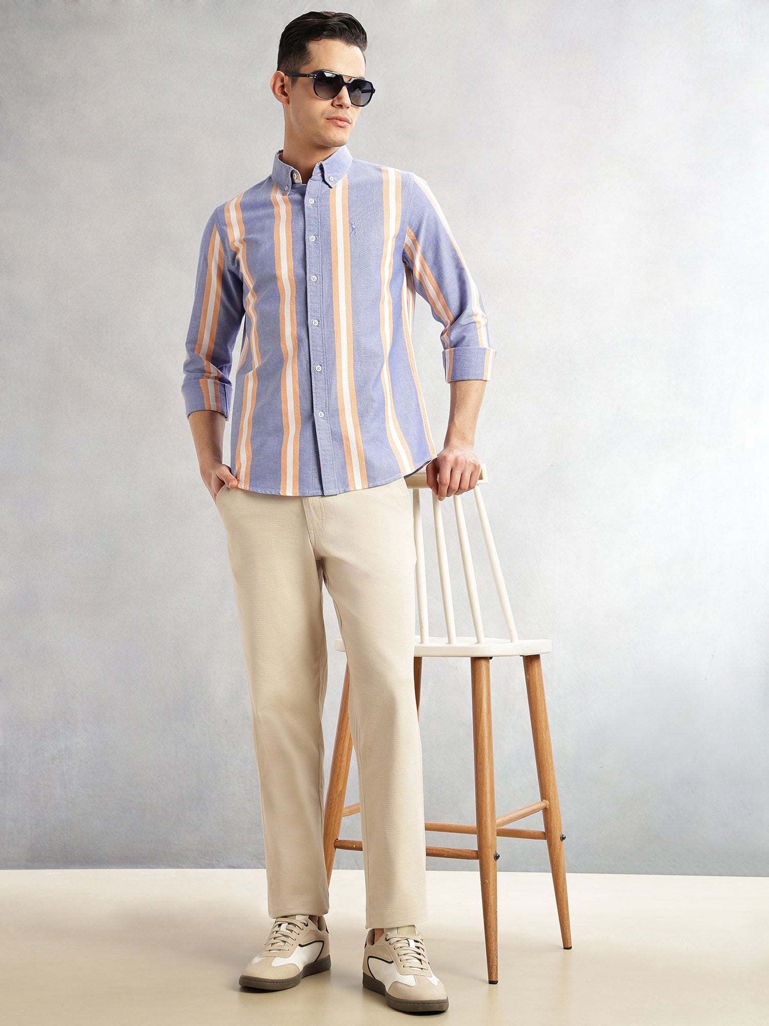 Thomas Scott Men Blue Cricket Club Collection Slim Fit Long Sleeves Vertical Stripes Button Down Collar Oxford Casual | Shirt
