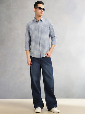 Thomas Scott Men Blue Slim Fit Long Sleeves Spread Collar Tartan Checks Cotton Linen Casual Shirt
