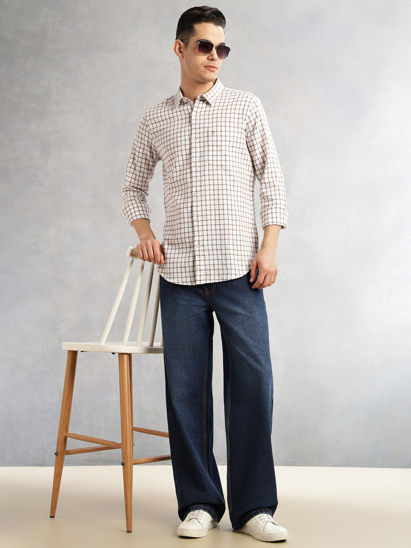 Thomas Scott Men Brown Slim Fit Long Sleeves Spread Collar Tartan Checks Cotton Linen Casual Shirt