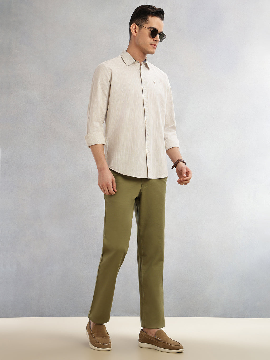 Thomas Scott Men Beige Cricket Club Collection Slim Fit Long Sleeves Spread Collar Pinstripe Cotton Linen Casual Shirt