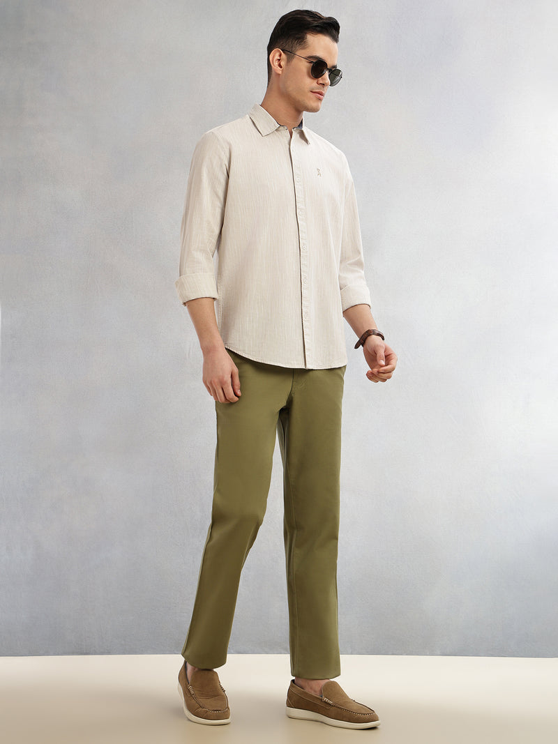 Thomas Scott Men Beige Cricket Club Collection Slim Fit Long Sleeves Spread Collar Pinstripe Cotton Linen Casual Shirt