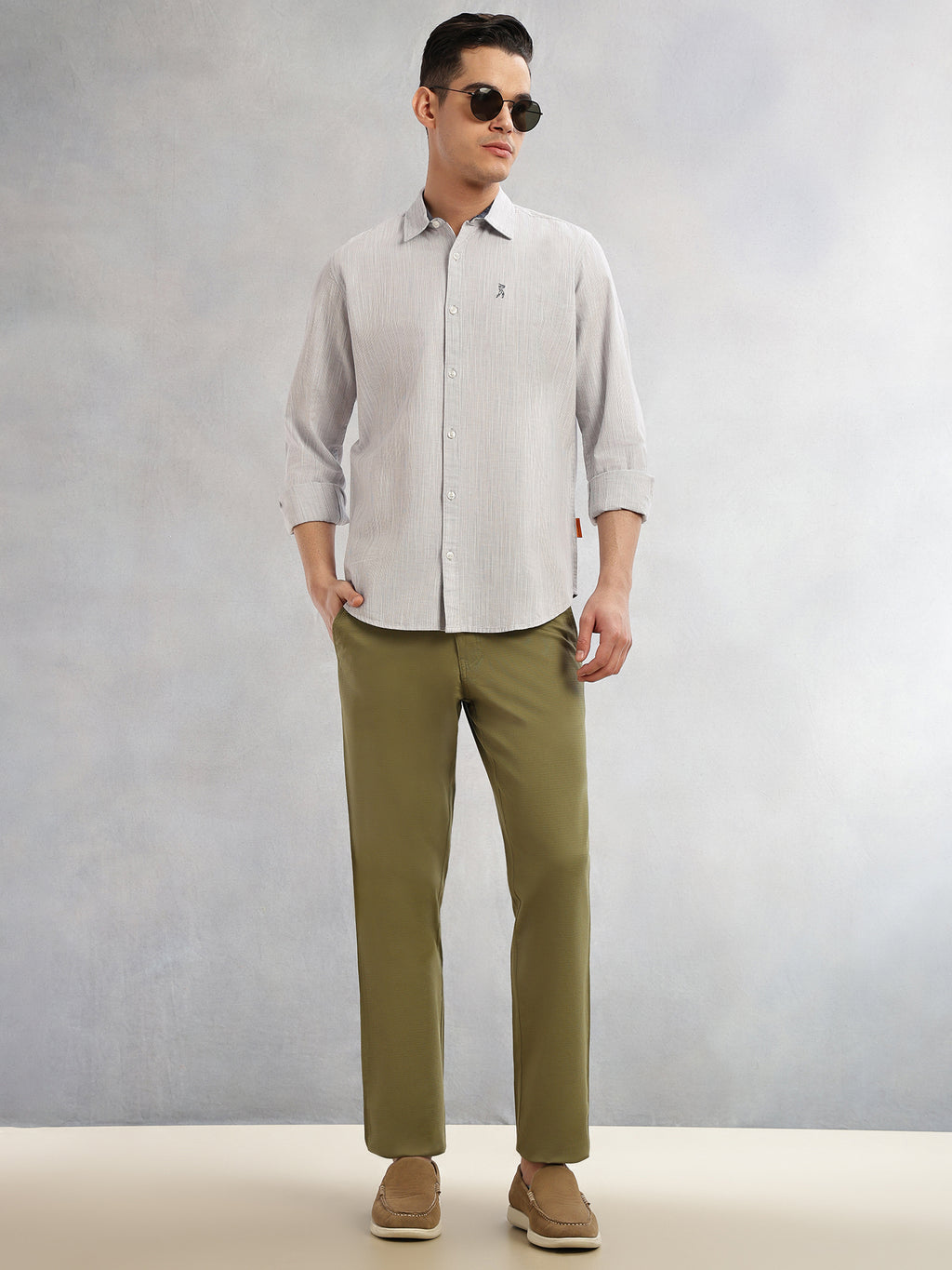 Thomas Scott Men Grey Cricket Club Collection Slim Fit Long Sleeves Spread Collar Pinstripe Cotton Linen Casual Shirt