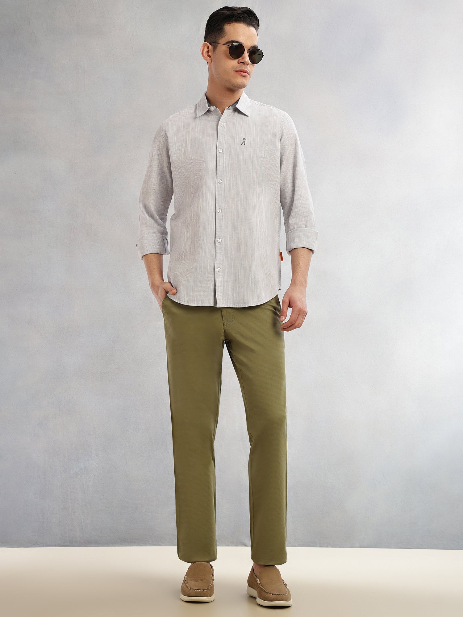 Thomas Scott Men Grey Cricket Club Collection Slim Fit Long Sleeves Spread Collar Pinstripe Cotton Linen Casual Shirt
