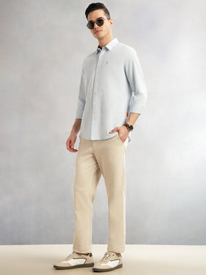 Thomas Scott Men Sky Blue Cricket Club Collection Slim Fit Long Sleeves Spread Collar Pinstripe Cotton Linen Casual Shirt