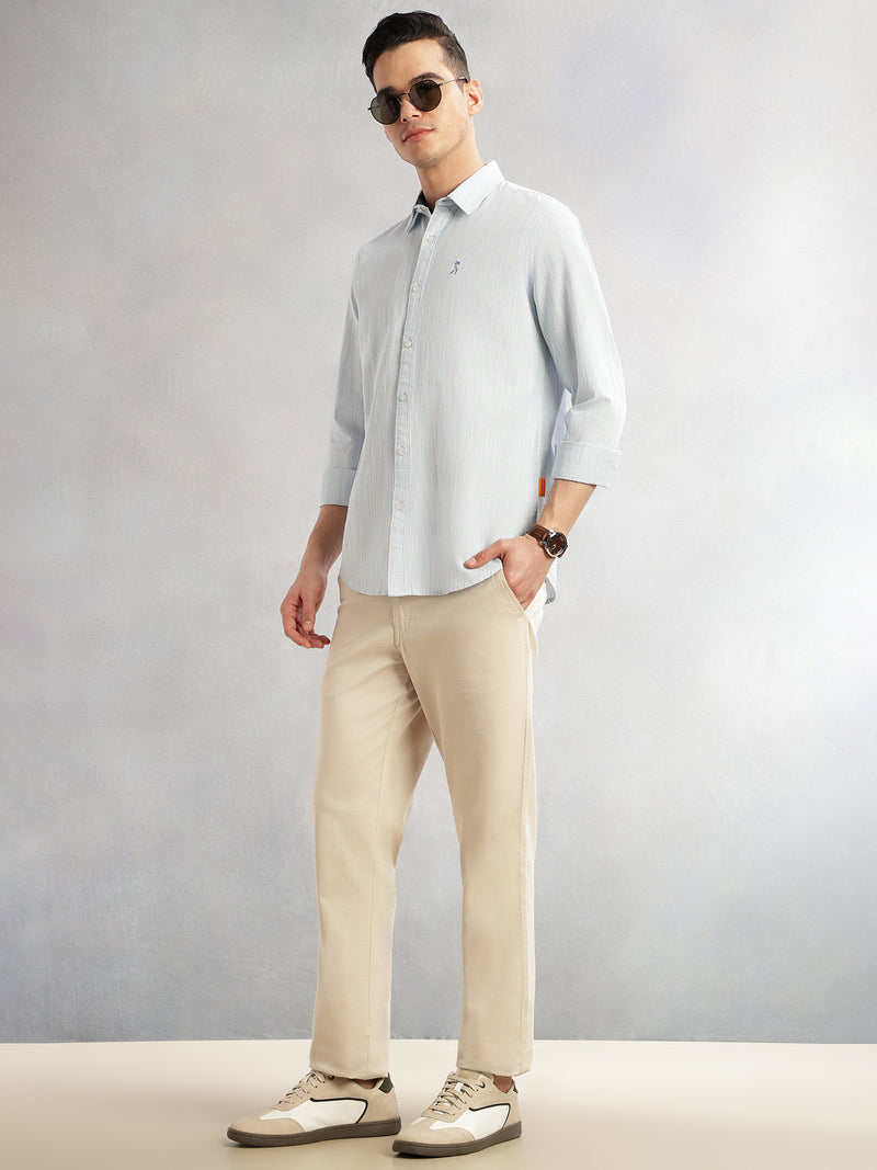 Thomas Scott Men Sky Blue Cricket Club Collection Slim Fit Long Sleeves Spread Collar Pinstripe Cotton Linen Casual Shirt