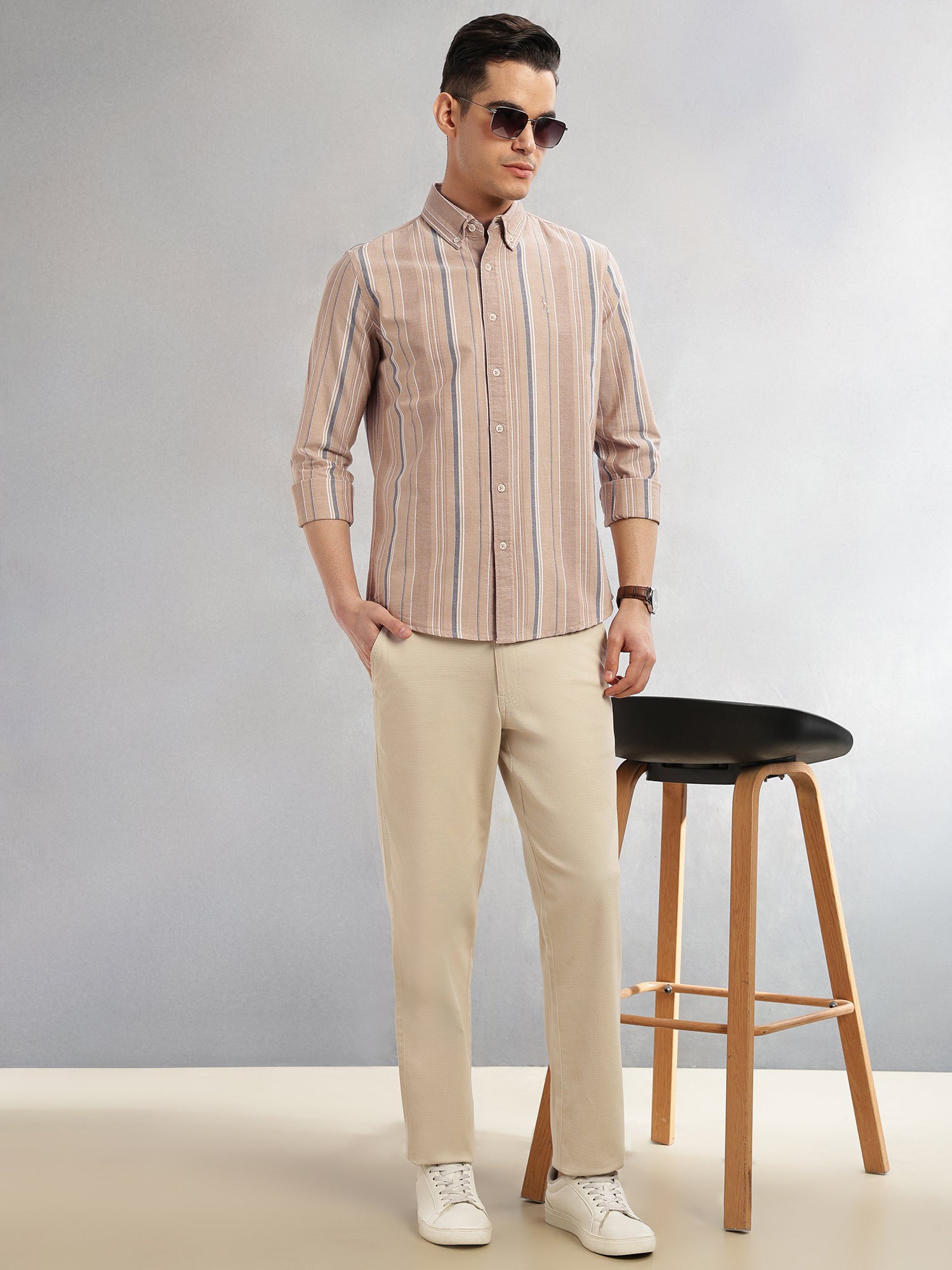 Thomas Scott Men Beige Cricket Club Collection Slim Fit Long Sleeves Button-Down Collar Multi Stripe Cotton Casual Shirt