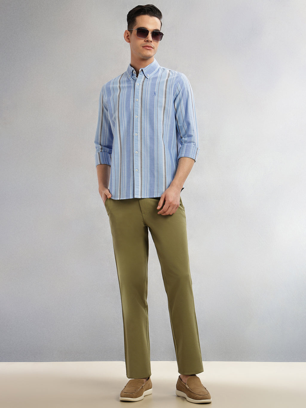 Thomas Scott Men Blue Cricket Club Collection Slim Fit Long Sleeves Button-Down Collar Multi Stripe Cotton Casual Shirt
