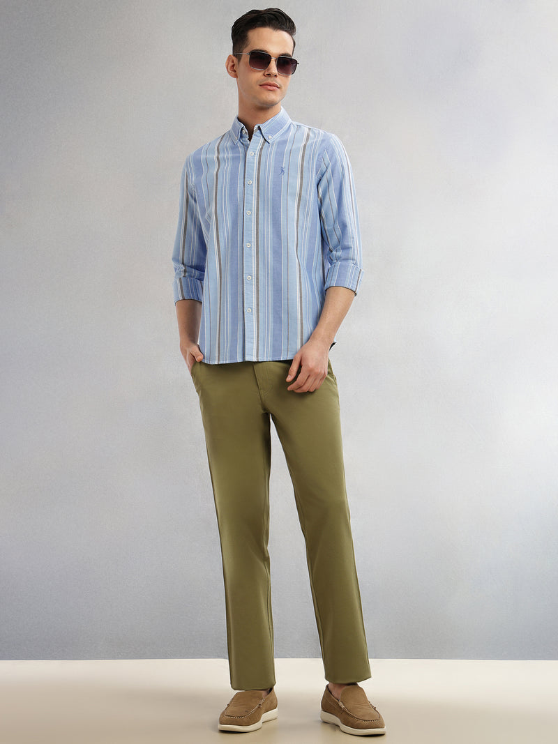 Thomas Scott Men Blue Cricket Club Collection Slim Fit Long Sleeves Button-Down Collar Multi Stripe Cotton Casual Shirt