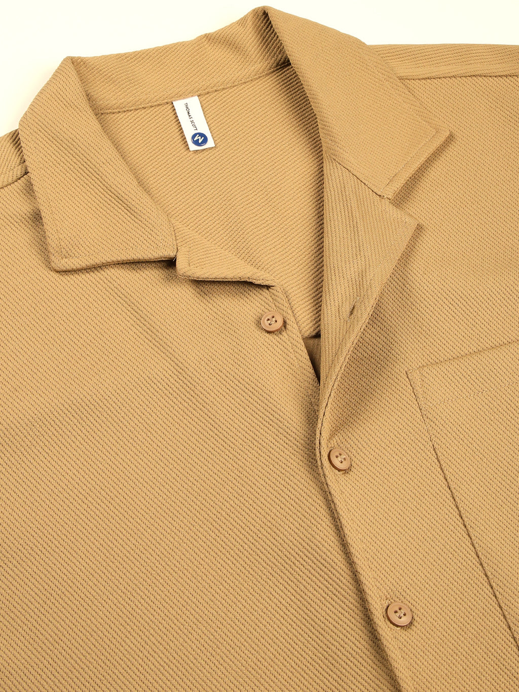 Thomas Scott Men Beige Short Sleeves Oversized Fit Textured Cuban Collar 100% Cotton Twill Casual Shirt