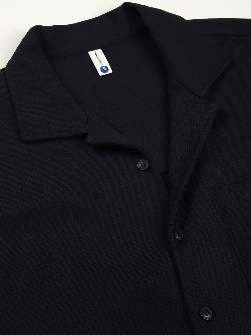 Thomas Scott Men Navy Short Sleeves Oversized Fit Textured Cuban Collar 100% Cotton Twill Casual Shirt