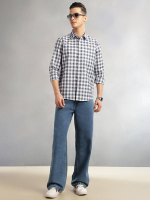 Thomas Scott Men Navy Slim Fit Long Sleeves Gingham Checks Spread Collar Cotton Linen Casual Shirt