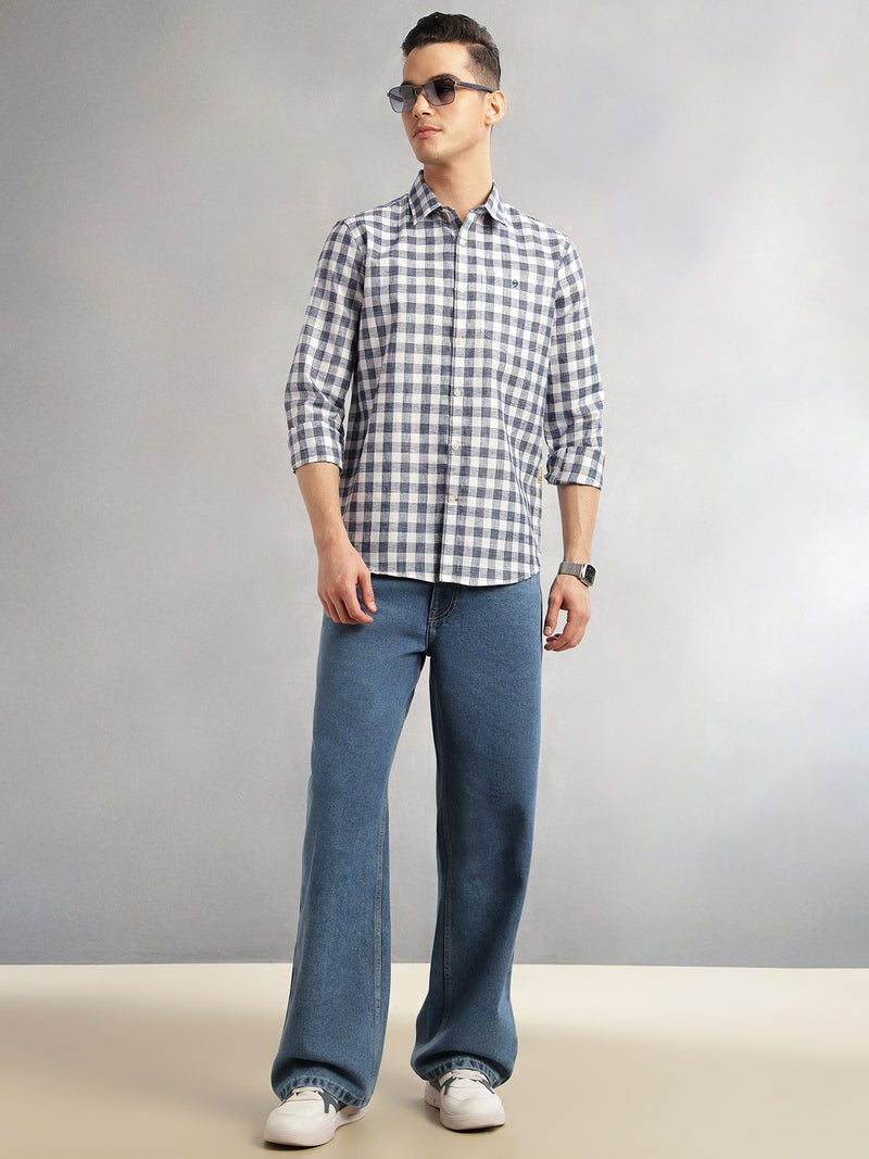 Thomas Scott Men Navy Slim Fit Long Sleeves Gingham Checks Spread Collar Cotton Linen Casual Shirt
