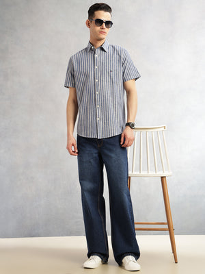 Blue Slim Fit Cotton Linen Vertical Stripes Casual Shirt For Men with Spread Collar & Short Sleeves