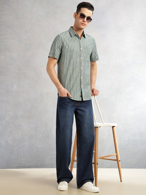 Thomas Scott Men Green Slim Fit Cotton Linen Vertical Stripes Casual Shirt with Spread Collar & Short Sleeves