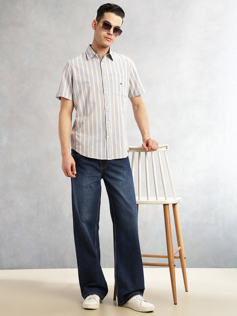 Thomas Scott Men Mid Blue Slim Fit Cotton Linen Vertical Stripes Casual Shirt with Spread Collar & Short Sleeves