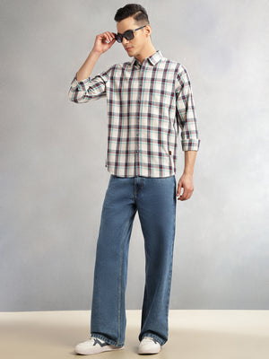 Thomas Scott Men Beige Slim Fit Long Sleeves Spread Collar Tartan Check 100% Cotton Casual Shirt