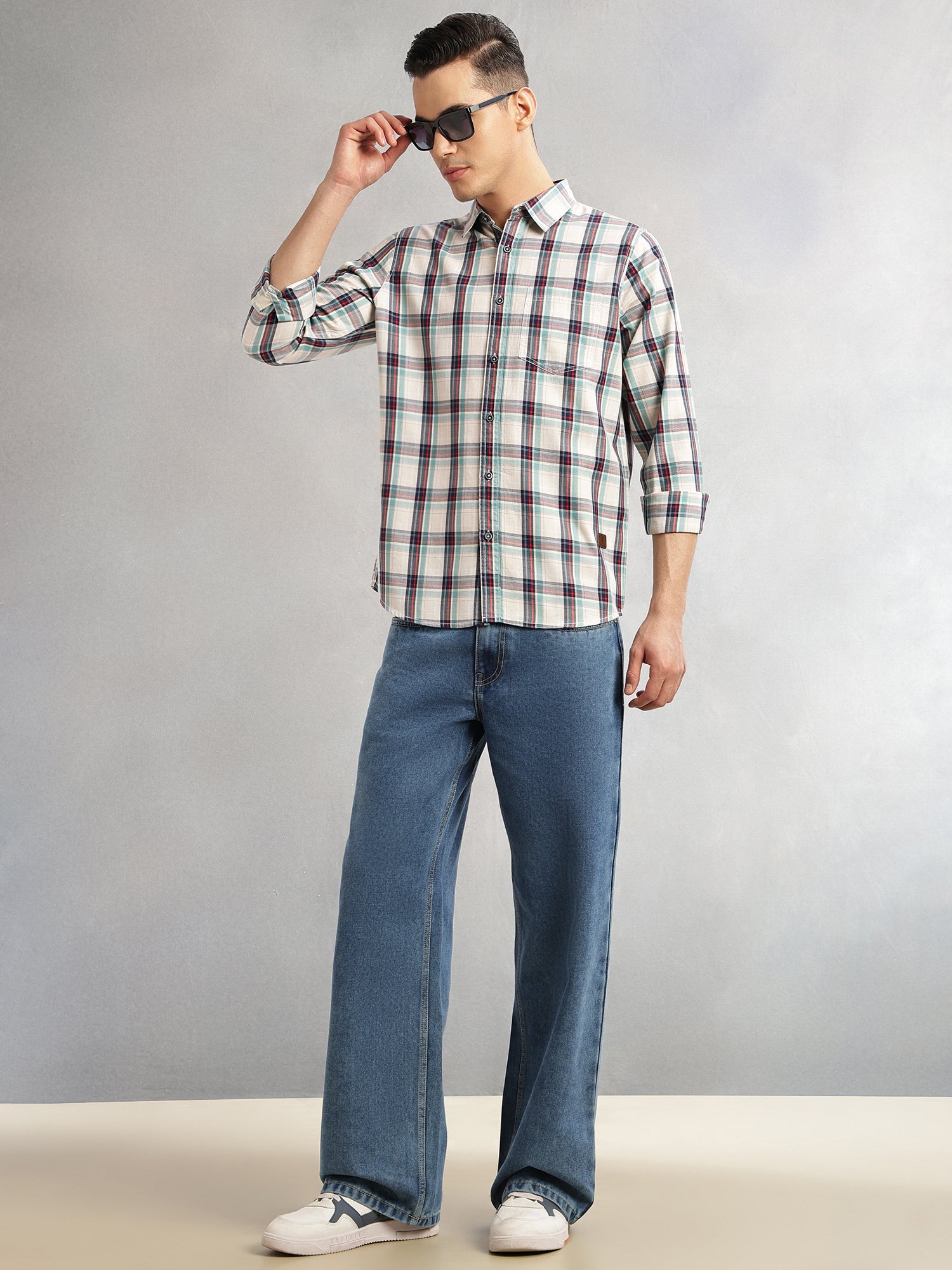 Thomas Scott Men Beige Slim Fit Long Sleeves Spread Collar Tartan Check 100% Cotton Casual Shirt