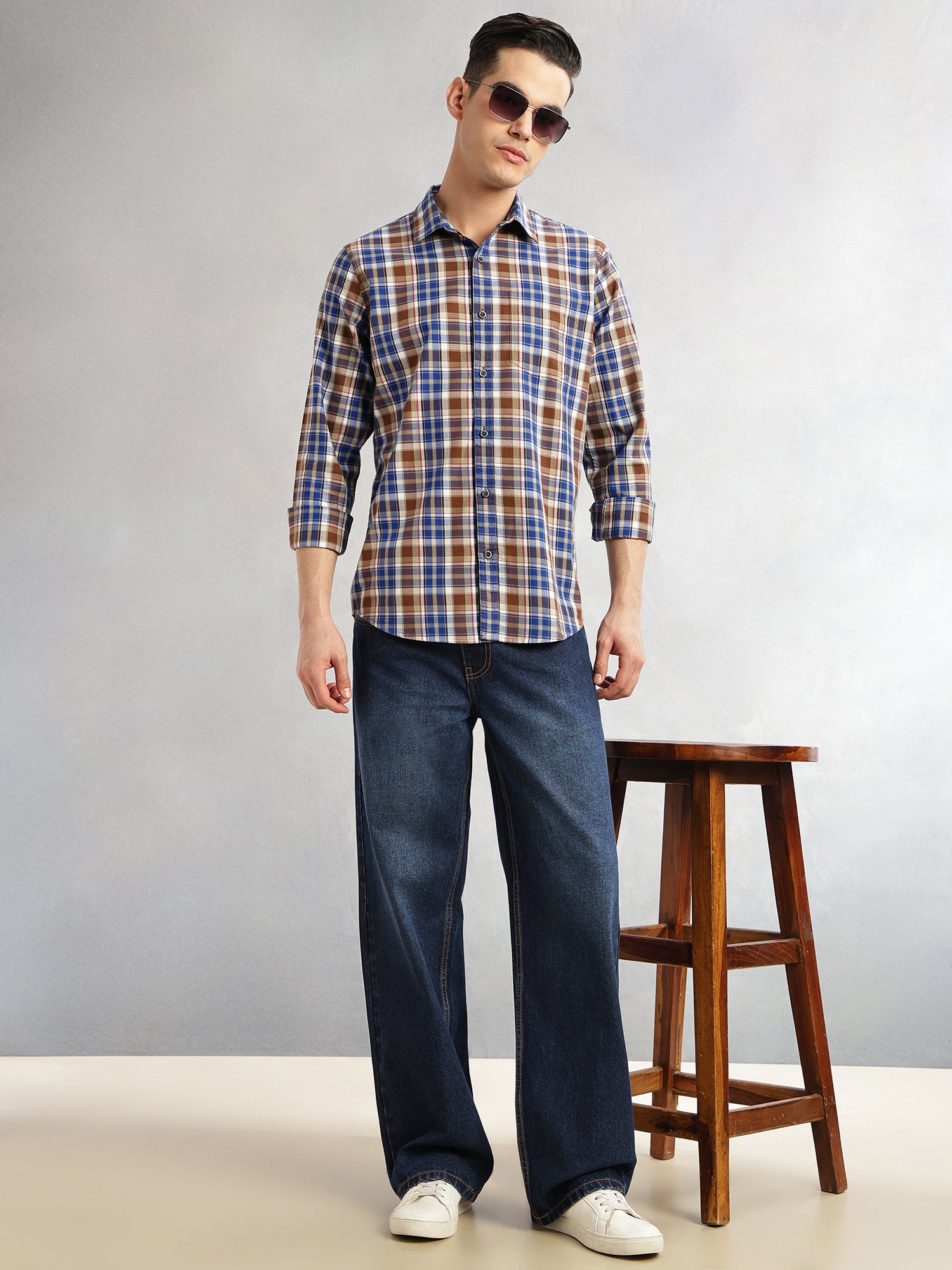 Thomas Scott Men Blue Slim Fit Long Sleeves Spread Collar Tartan Check 100% Cotton Casual Shirt
