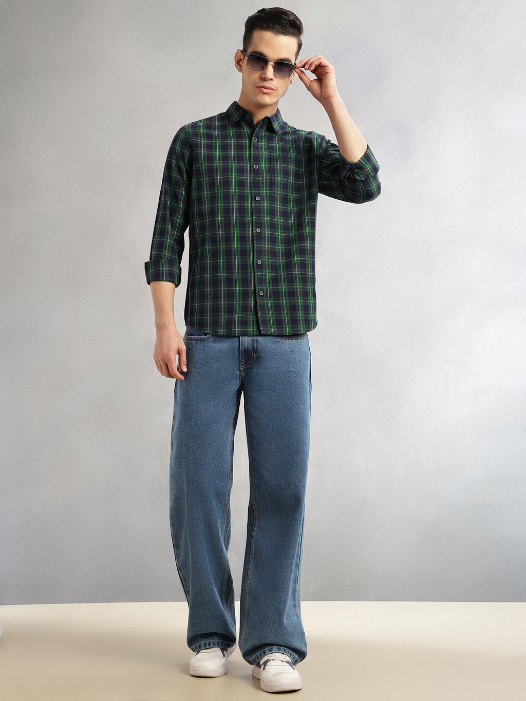 Thomas Scott Men Green Slim Fit Long Sleeves Spread Collar Tartan Check 100% Cotton Casual Shirt