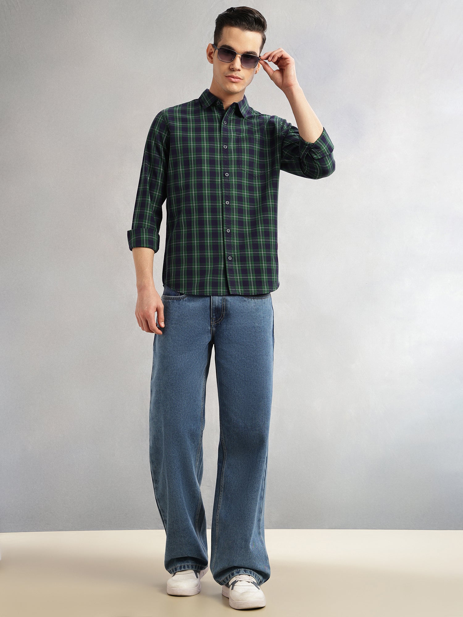 Thomas Scott Men Green Slim Fit Long Sleeves Spread Collar Tartan Check 100% Cotton Casual Shirt