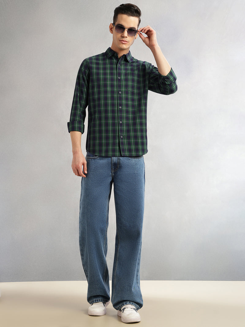 Thomas Scott Men Green Slim Fit Long Sleeves Spread Collar Tartan Check 100% Cotton Casual Shirt