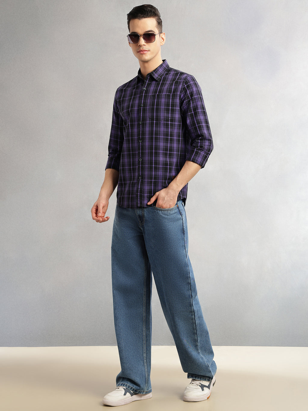 Thomas Scott Men Purple Slim Fit Long Sleeves Spread Collar Tartan Check 100% Cotton Casual Shirt