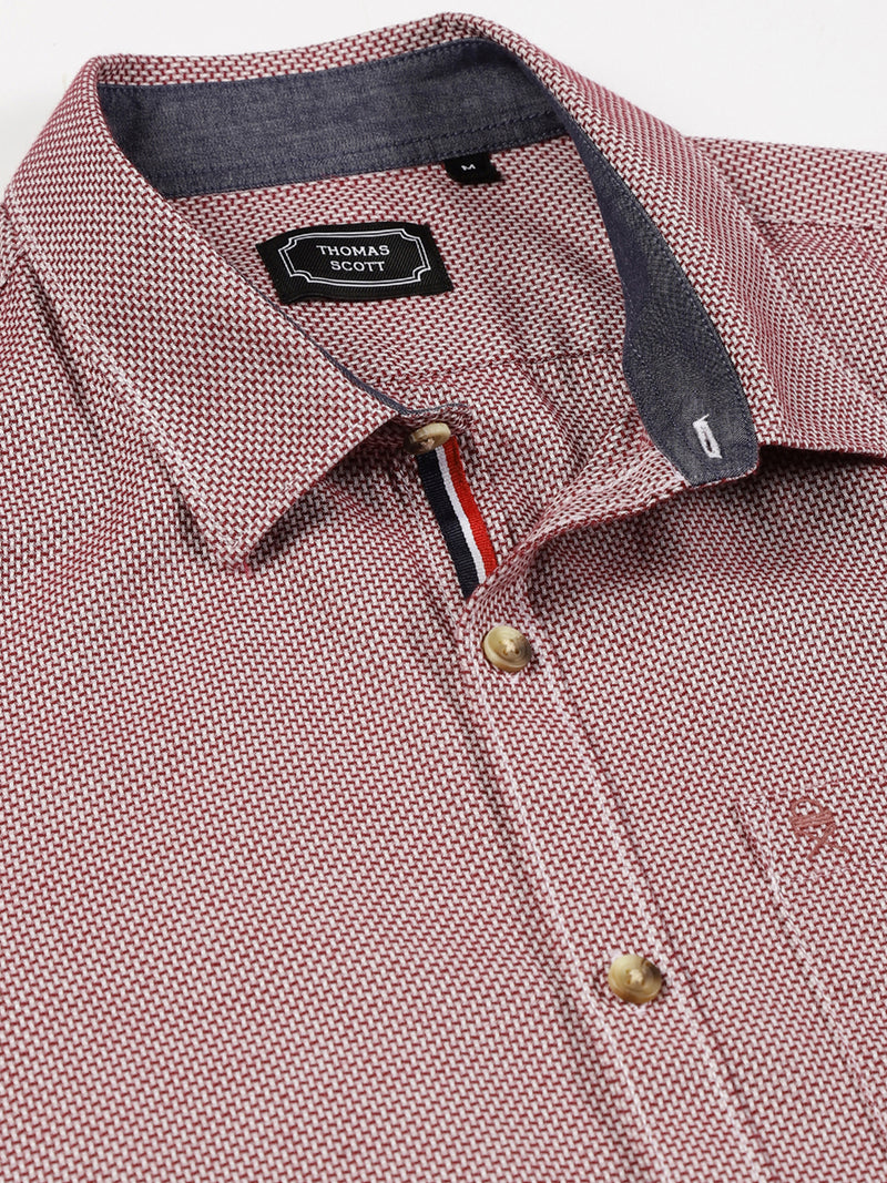 Thomas Scott Men Maroon Slim Fit Long Sleeves Spread Collar Graphic Checks Cotton Casual Shirt