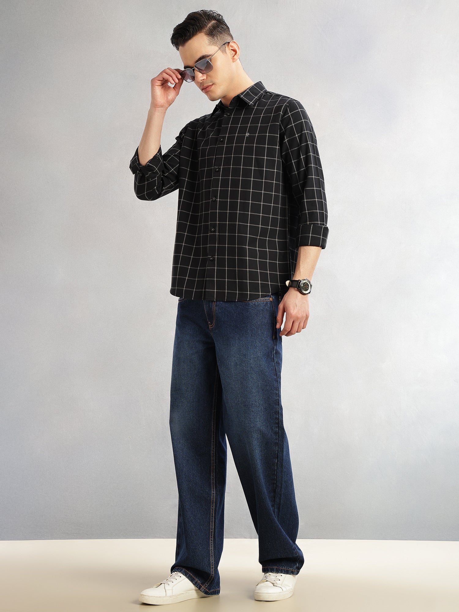 Thomas Scott Men Black Slim Fit Long Sleeves Spread Collar Windowpane Check 100% Cotton Twill Casual Shirt