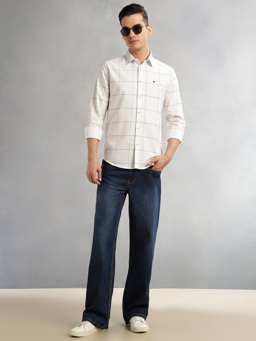 Thomas Scott Men White Slim Fit Long Sleeves Spread Collar Windowpane Check 100% Cotton Twill Casual Shirt