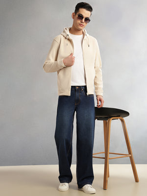 Thomas Scott Men Cream Regular Fit Long Sleeves Kangaroo Pocket Polyester Hoodie Sweatshirt