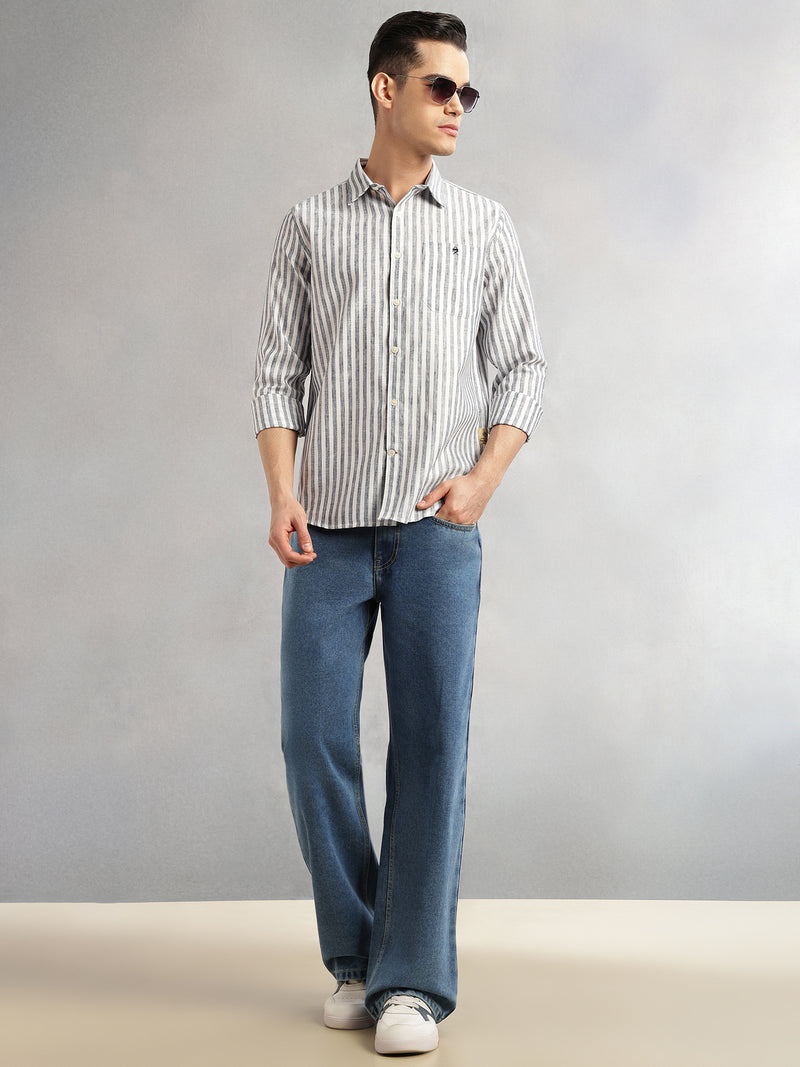 Thomas Scott Men Navy Slim Fit Long Sleeves Spread Collar Vertical Stripes Cotton Linen Casual Shirt