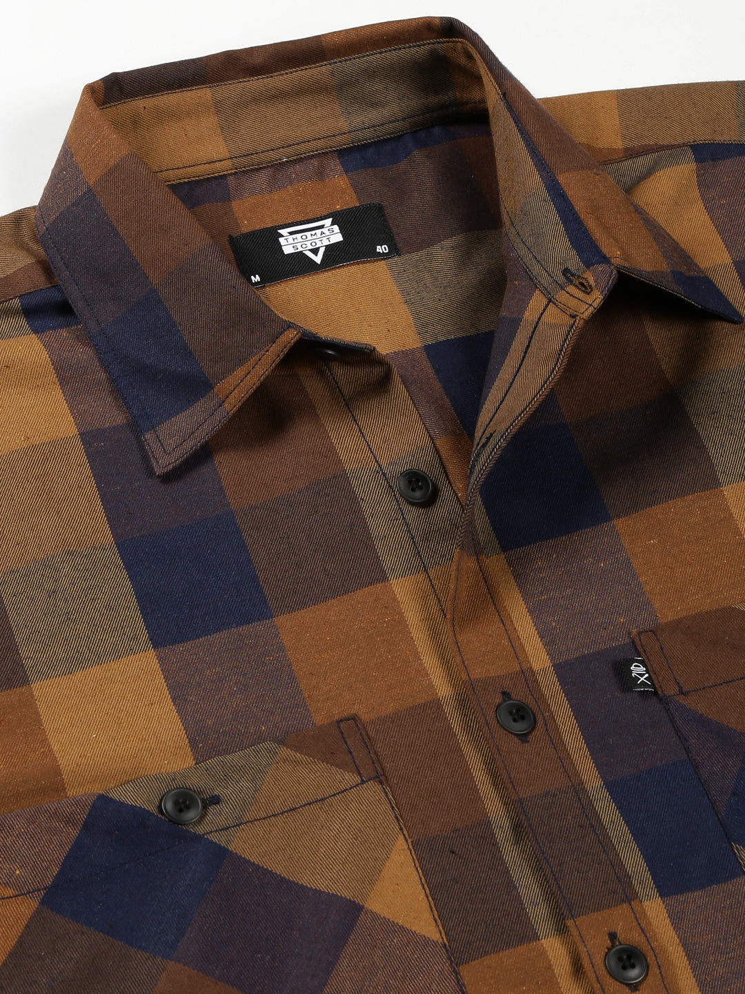 Thomas Scott Men Brown Oversized Long Sleeves Spread Collar Buffalo Checks Flannel Casual Shirt