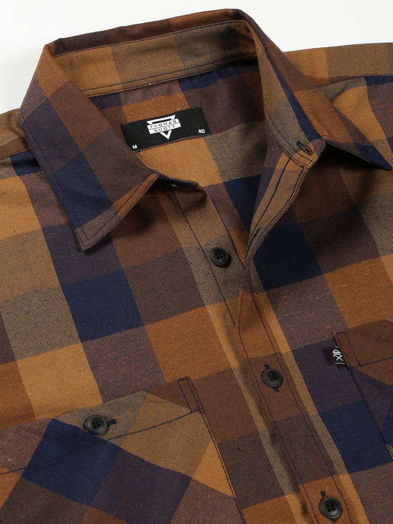 Thomas Scott Men Brown Oversized Long Sleeves Spread Collar Buffalo Checks Flannel Casual Shirt