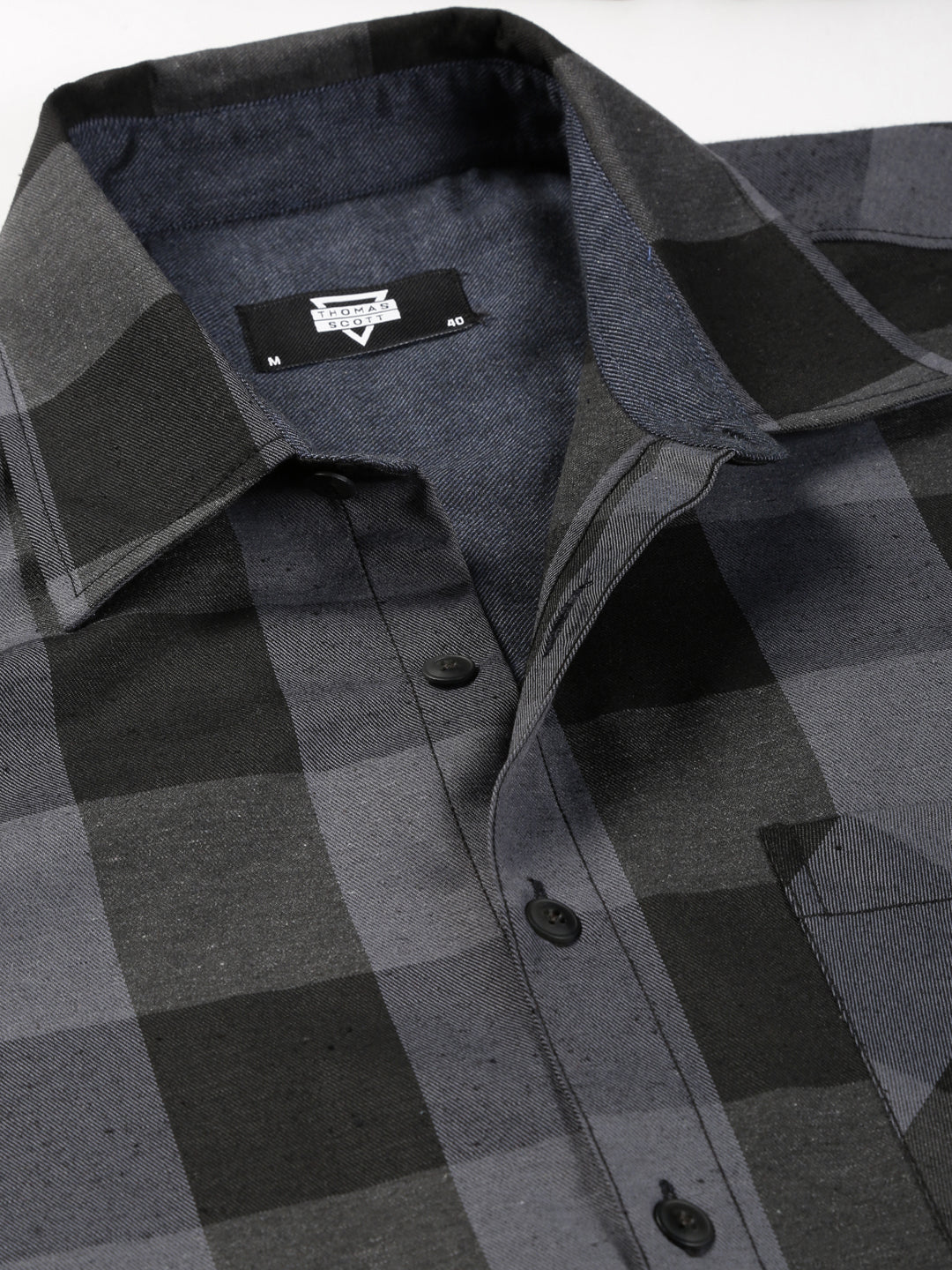 Thomas Scott Men Grey Oversized Long Sleeves Spread Collar Buffalo Checks Knitted Casual Shacket