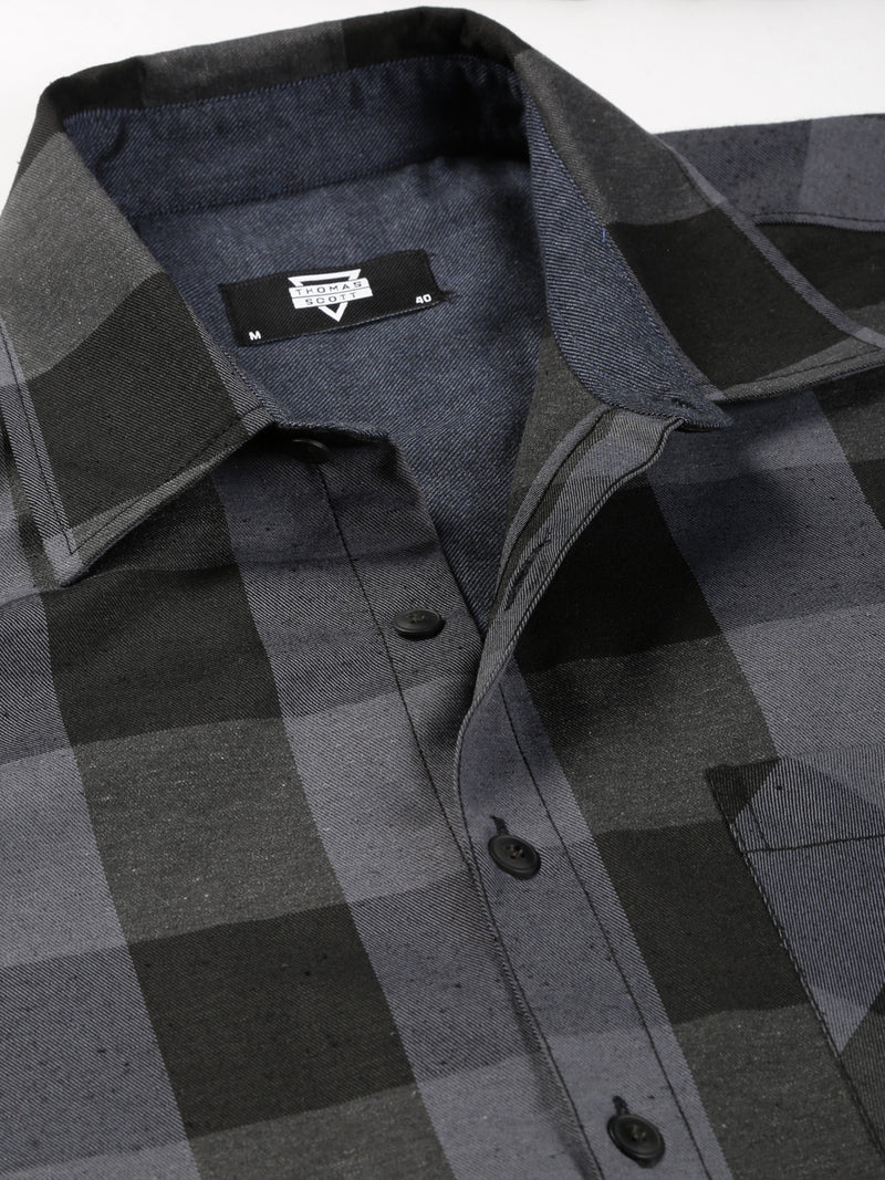 Thomas Scott Men Grey Oversized Long Sleeves Spread Collar Buffalo Checks Knitted Casual Shacket