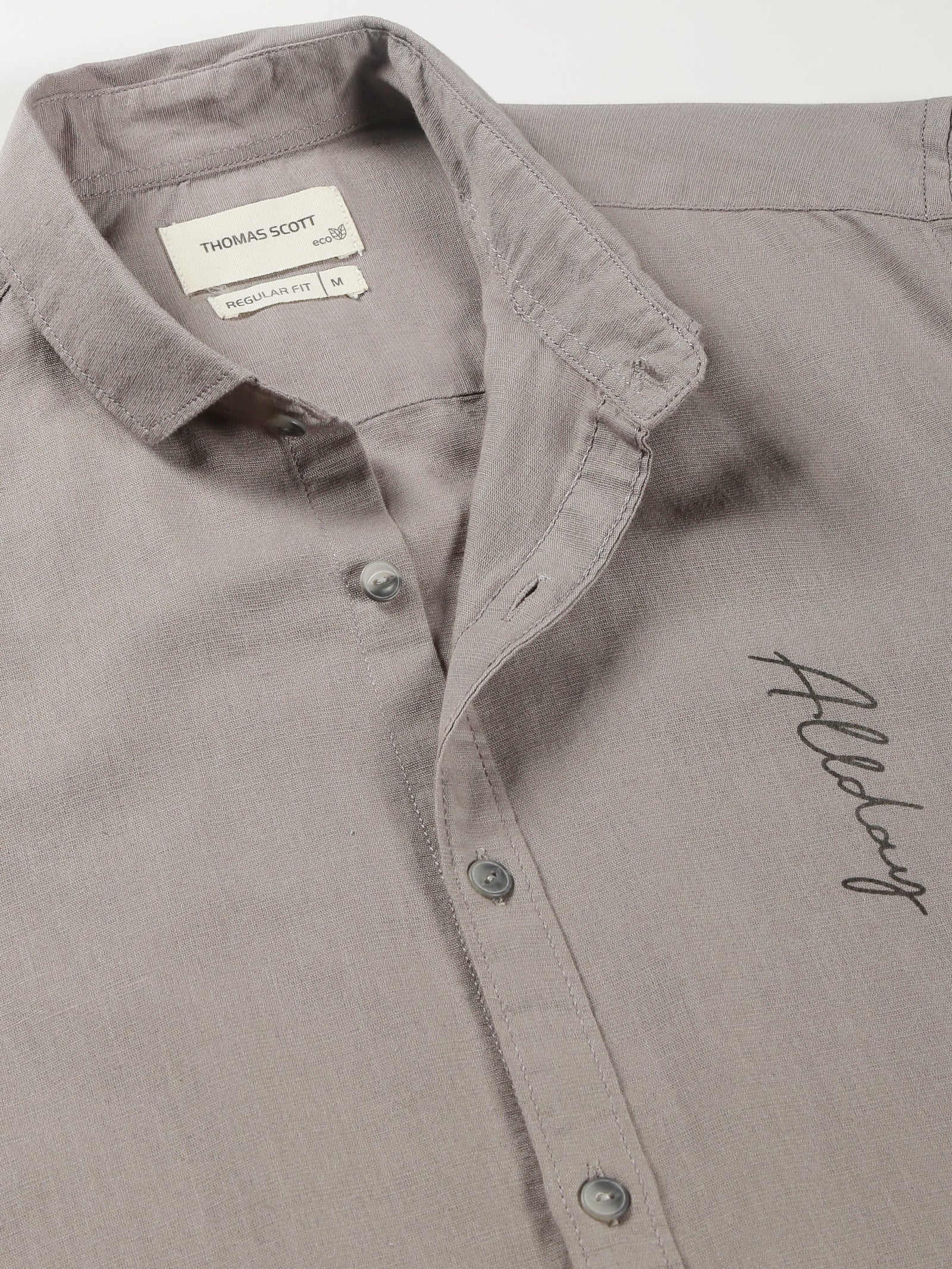 Thomas Scott Men Grey Regular Fit Long Sleeves Spread Collar Solid Cotton Linen Casual Shirt