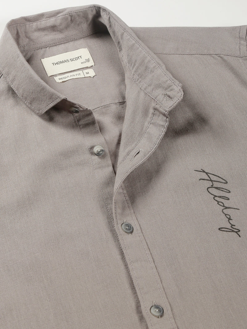 Thomas Scott Men Grey Regular Fit Long Sleeves Spread Collar Solid Cotton Linen Casual Shirt
