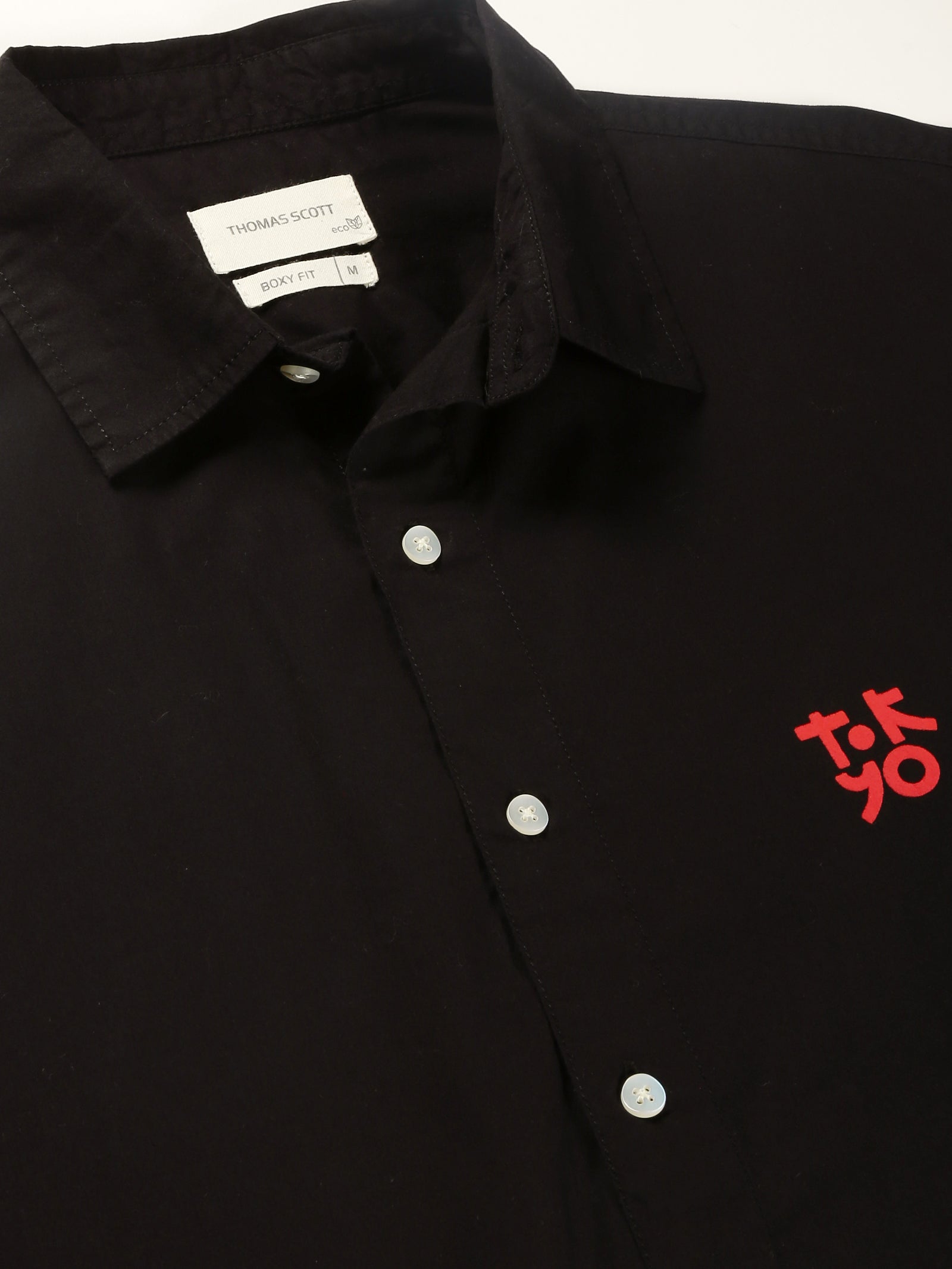 Thomas Scott Men Black Short Sleeves Boxy Fit Spread Collar Solid 100% Cotton Casual Shirt
